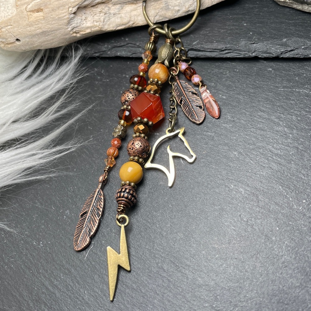 Desert Storm Carnelian, Tigers Eye & Jasper | Horse Feather Keychain Charm - Picture 6 of 11